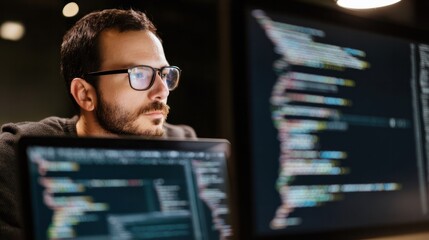 Fototapeta premium A dedicated male programmer works at a minimalist desk surrounded by abstract technical themes. Product release platform.