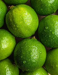 Fototapeta premium Top view of fresh limes covered with sparkling water droplets, juicy citrus fruit on natural background, refreshing fruit