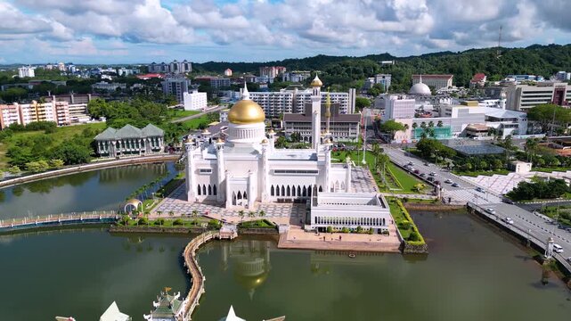 Aerial shot of Masjid Omar 'Ali Saifuddien is one of the two state mosque and One of the biggest in Brunei, Bandar seri begawan.