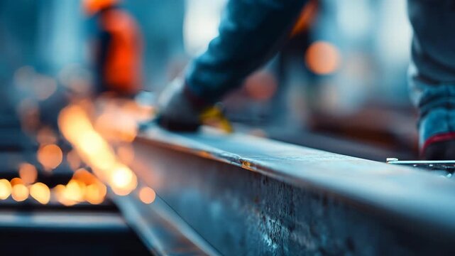 Industrial workers welding metal beams in factory setting with sparks flying everywhere around them
