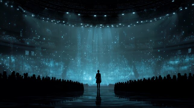 Digital Dawn: Futuristic Stage with Holographic Data and Silhouette Audience