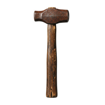 heavily oxidized vintage ball-peen hammer with a distressed hardwood handle, ultra-macro close-up isolated on a transparent background, emphasizing texture and detail. concept of historical