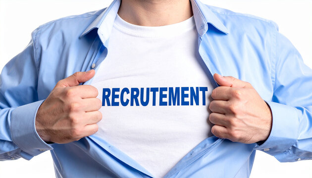 Recrutement - Ein Mann öffnet sein Hemd und zeigt sein TShirt