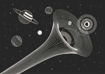 Cosmic Voyage A Minimalist Vector Illustration of a Wormhole and Planets in Deep Space © Purnomo