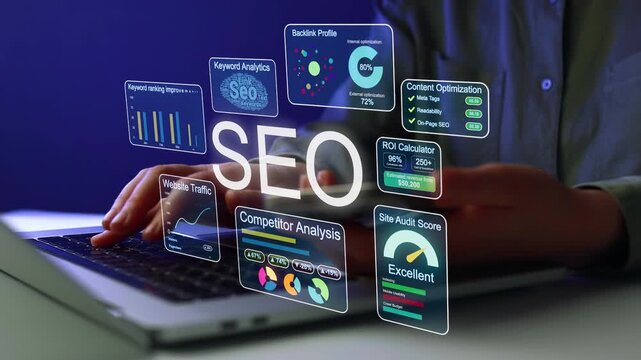 Data analysis for search engine optimization on a laptop screen with various digital tools and metrics displayed.