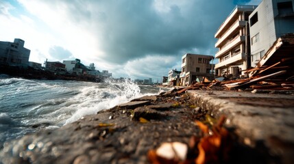 Devastated Coastal Town with Desolate Back View and Ocean Waves