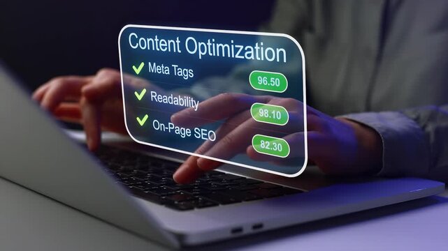 Working on content optimization with checks for meta tags, readability, and on-page SEO displayed on a laptop screen at night.