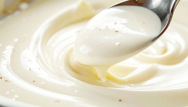 White creamy sauce for pasta, ingredient for a recipe, macro shot. AI