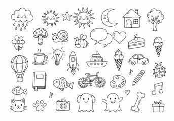 Fototapeta premium Collection of various doodle icons representing emotions, objects, and activities in a playful, hand-drawn style