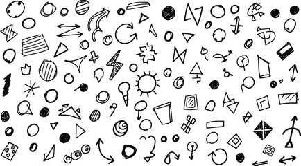 A collection of various black and white geometric shapes and symbols on a plain white background for design and educational purposes
