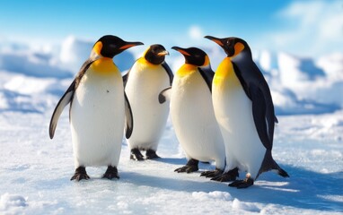 Obraz premium Four Penguins Interacting Together on Snowy Landscape with Icy Background