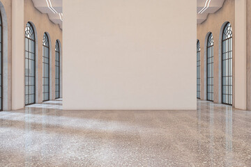 Fototapeta na wymiar Blank wall in a spacious contemporary gallery interior with tall arched windows, polished floor, and clean empty space creating an elegant mockup background. 3D Rendering