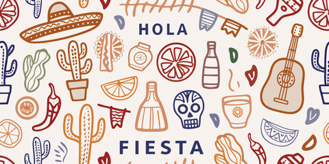 A colorful repeating pattern featuring mexican themed illustrations and typography © Milton