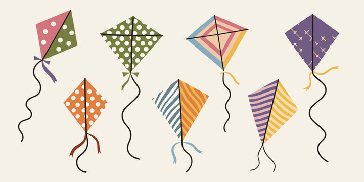 A collection of colorful patterned kites floating against a pale background