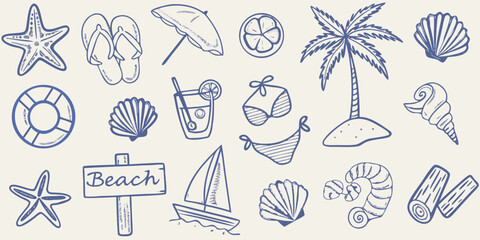 A collection of hand drawn beach themed objects in blue line art © Milton