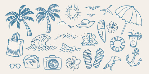A collection of hand drawn summer themed illustrations in blue line art © Milton