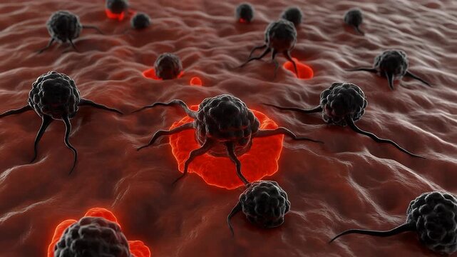 Microscopic view of cancerous cells with tendrils spreading across a tissue surface.