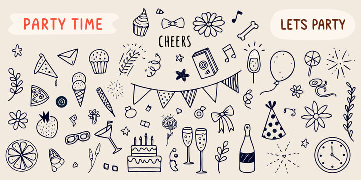 A collection of hand drawn party elements and celebratory doodles