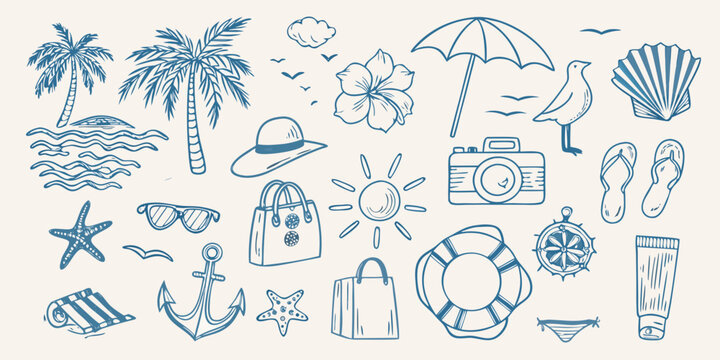 A collection of hand drawn tropical summer themed doodles and illustrations