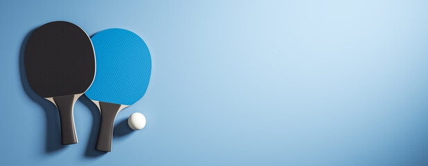 Naklejka premium Table tennis paddles with ball on light blue gradient background as clean sporty banner mockup with copyspace for creative design template. 3D Rendering