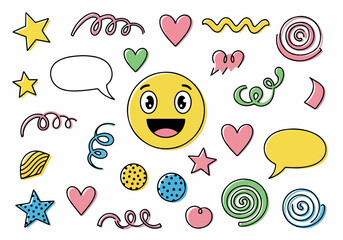 A vibrant collection of doodles featuring a smiling emoticon surrounded by various colorful shapes and symbols on a plain background viewed from directly above © FRIDA STORE