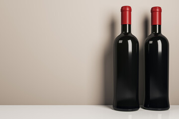 Fototapeta premium Two wine bottles mockup with blank clean design in front view placed on light modern background offering empty copyspace for elegant branding concepts. 3D Rendering