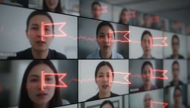 Focused medium shot of streaming video feeds with AIgenerated red flags marking potential deepfake content the alert symbols crisp against a diffused multivideo background.
