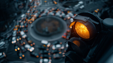 An aerial view of a congested roundabout in an urban setting during peak traffic, with dozens of cars jammed together, symbolizing systemic overload. A single broken traffic light