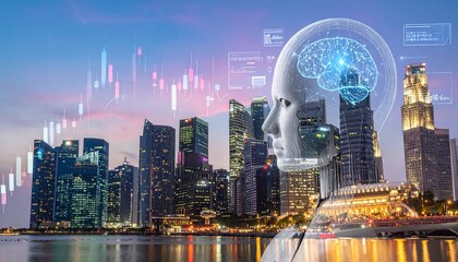 Fototapeta premium AI and automation in business concept, robotic interface elements, digital brain network, floating financial graphs, abstract modern technology background.