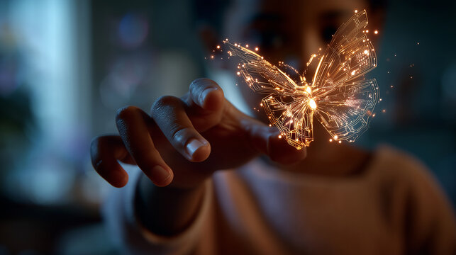 Close-up of a child's hand (faceless) reaching for a glowing holographic butterfly that is made of code, Digital Literacy for the Next Generation, soft warm light, hopeful yet caut