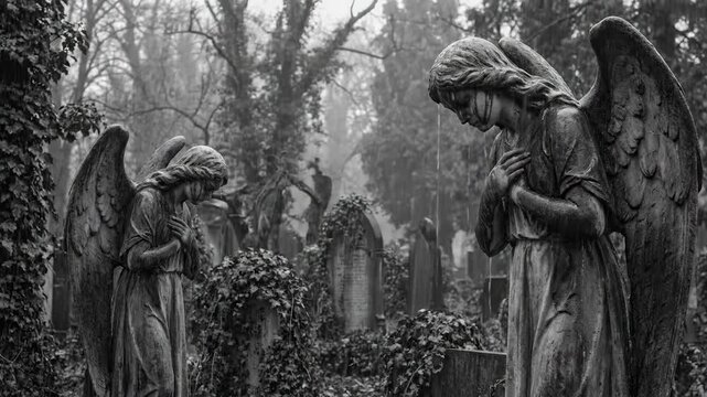 Two weathered stone angel statues praying in heavy rain at a gothic cemetery, black and white footage showing grief and mourning