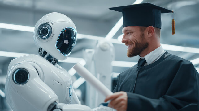 Robot graduation diploma human handshake collaboration futuristic education Robotic arm congratulates smiling graduate bright