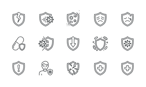 Immune Dysfunction Icons Set. Health Disease Protection Line Icons Vector Illustration