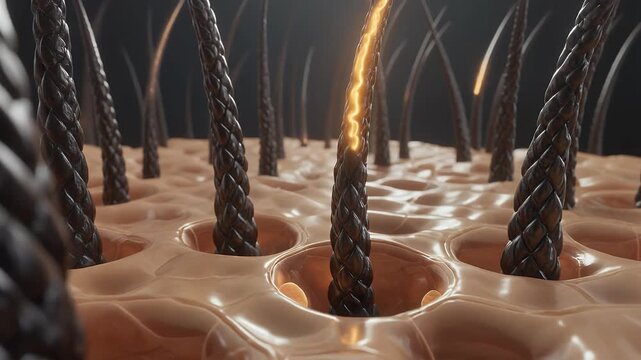Close-up 3D render of hair follicles and skin.