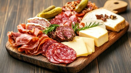 Obraz premium A Culinary Feast: An array of gourmet charcuterie and cheeses, artfully arranged on a wooden board, tempting the senses with a symphony of flavors and textures.