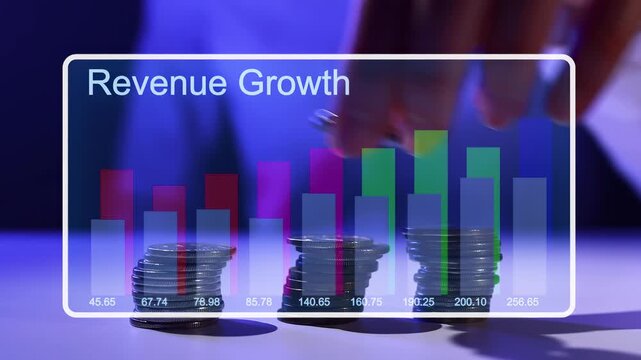 Business professionals analyze revenue growth using data charts and coins during a meeting in an office setting at night.
