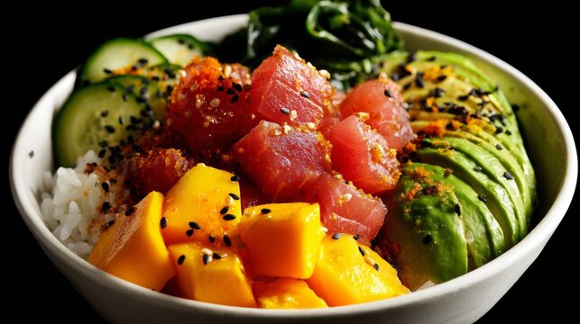 A bowl of sushi with raw fish, vegetables, and spices, including avocado, cucumber, seeds, and seasoning, suggesting a healthy and flavorful meal.