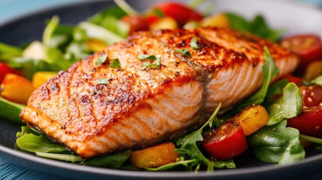 Grilled Salmon with Fresh Salad: A close-up view of a beautifully grilled salmon fillet, placed on a bed of fresh, colorful salad with cherry tomatoes and mangoes, presenting a culinary delight