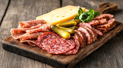 Culinary Assortment on Rustic Board: A beautifully arranged assortment of cured meats, cheeses, and pickles, showcasing a rustic culinary experience.