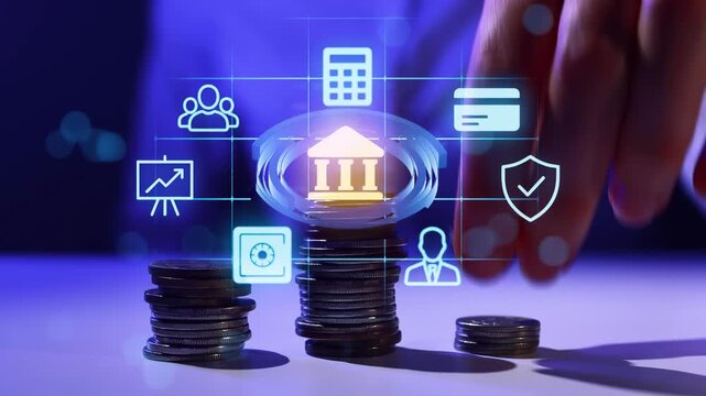 Coins are stacked while a hand interacts with digital banking icons and symbols in a financial setting during the evening.