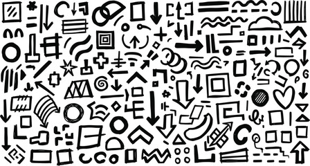 A collection of various black and white symbols icons and shapes on a plain background for design and graphic use