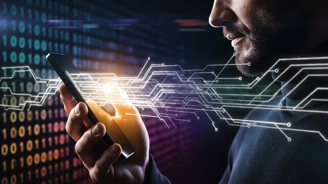 A man interacts with a smartphone against a backdrop of digital circuit lines and binary code, representing World Telecommunication and Information Society Day.
