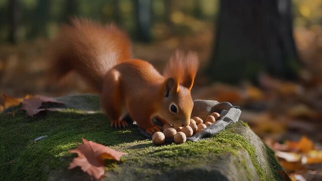 A curious squirrel investigates a pile of nuts on a mossy rock in an autumn forest.