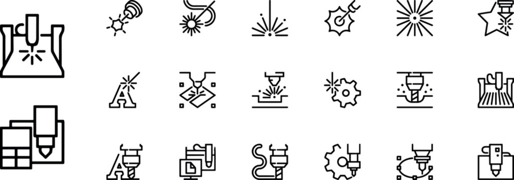 Computer numerical controlled printer, Set  line icons in series of laser cutting. 3D milling machine and other thematic symbols. Stroke mono contour pictograms isolated. Vector outline labels.eps