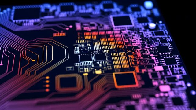Dynamic Closeup Of Illuminated Neon Circuit Pathways Highlighting Abstract Data And Technological Aesthetics