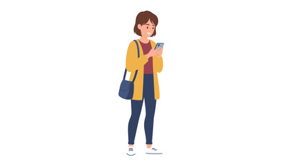 Fototapeta premium Young woman walking and using smartphone, checking social media, messaging, or browsing internet, with a casual shoulder bag