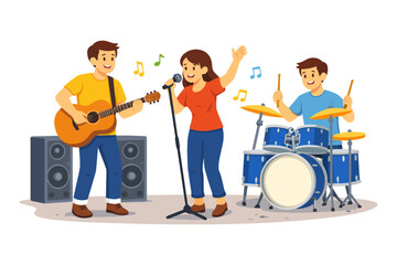 Young caucasian band performing: singing, guitar, and drums in action.