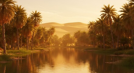 Obraz premium Golden hour serene palm tree lined river with calm water and distant hills