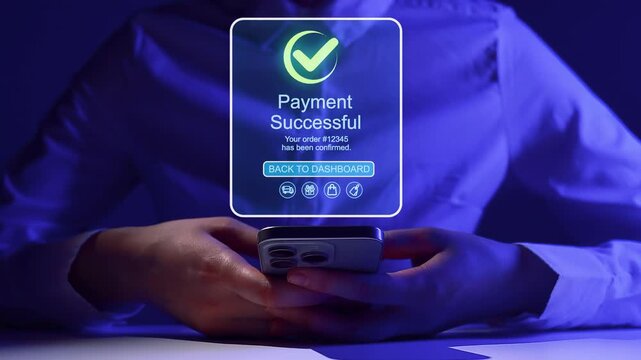 Payment confirmed on mobile device showing transaction success and order details in dark setting.