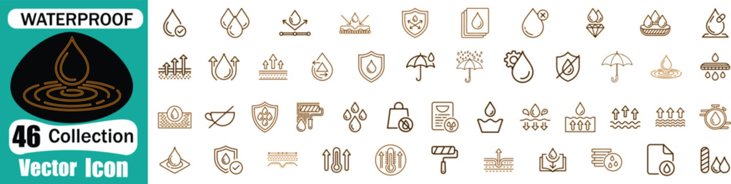 Waterproof and water resistant property linear vector icons set. Moisture protection, hydrophobic coating, and liquid repellent surface symbols.